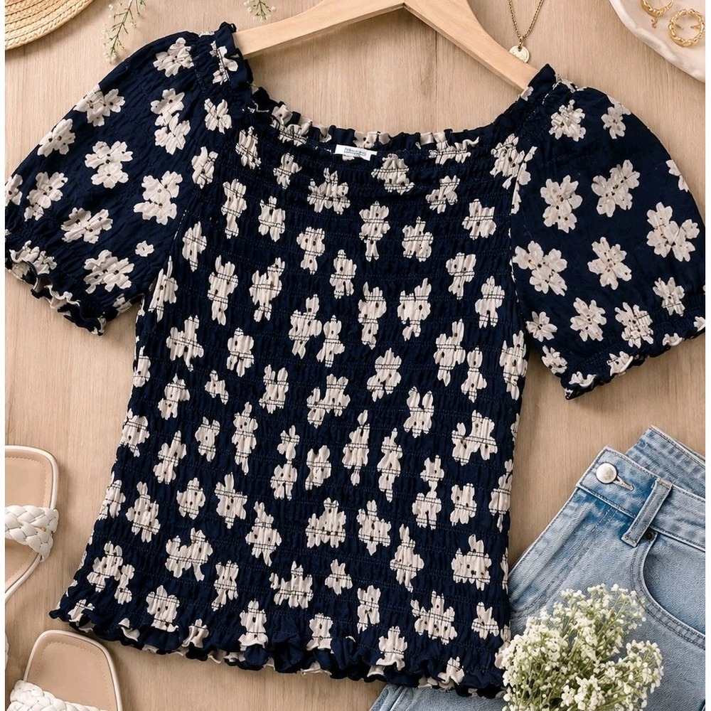 Plus 3x Smocked Floral Top Navy Cottagecore Coquette Milkmaid Puff Sleeve Blouse